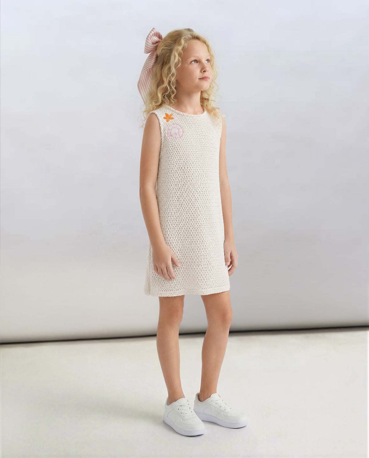 Girls Ecru Solid Regular-Fit 100% Cotton Sleeveless Dress