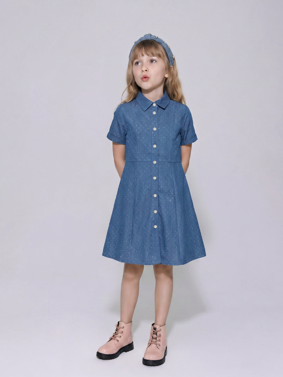 Girls Grandeur Blue Self-Design Fit & Flare Dress