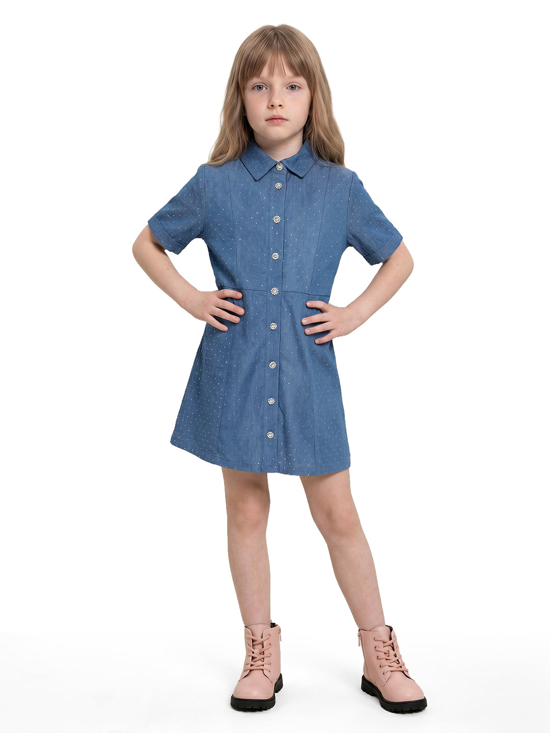 Girls Grandeur Blue Self-Design Fit & Flare Dress