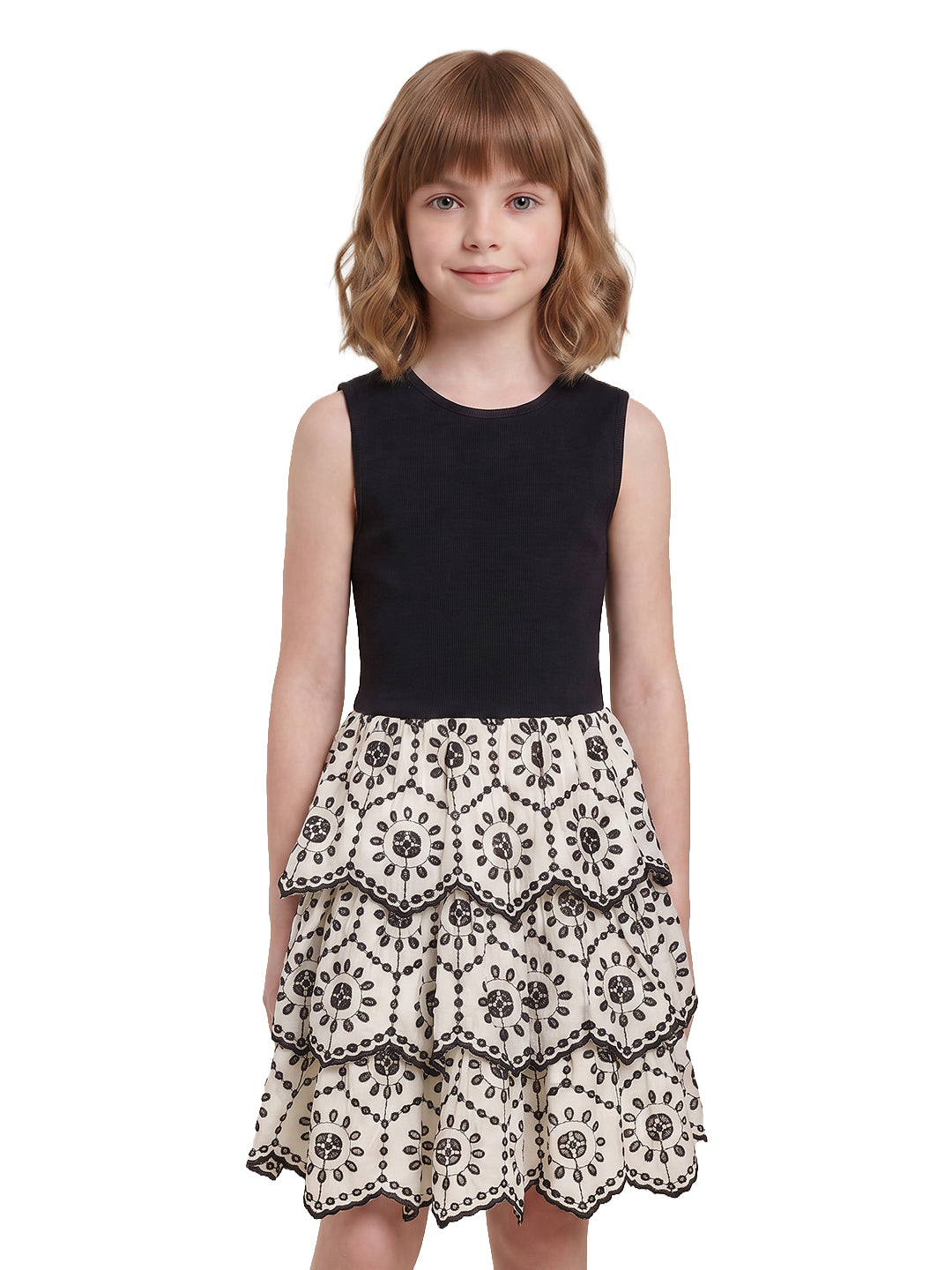 Girls Ecru Solid Fit & Flare 100% Cotton Dress