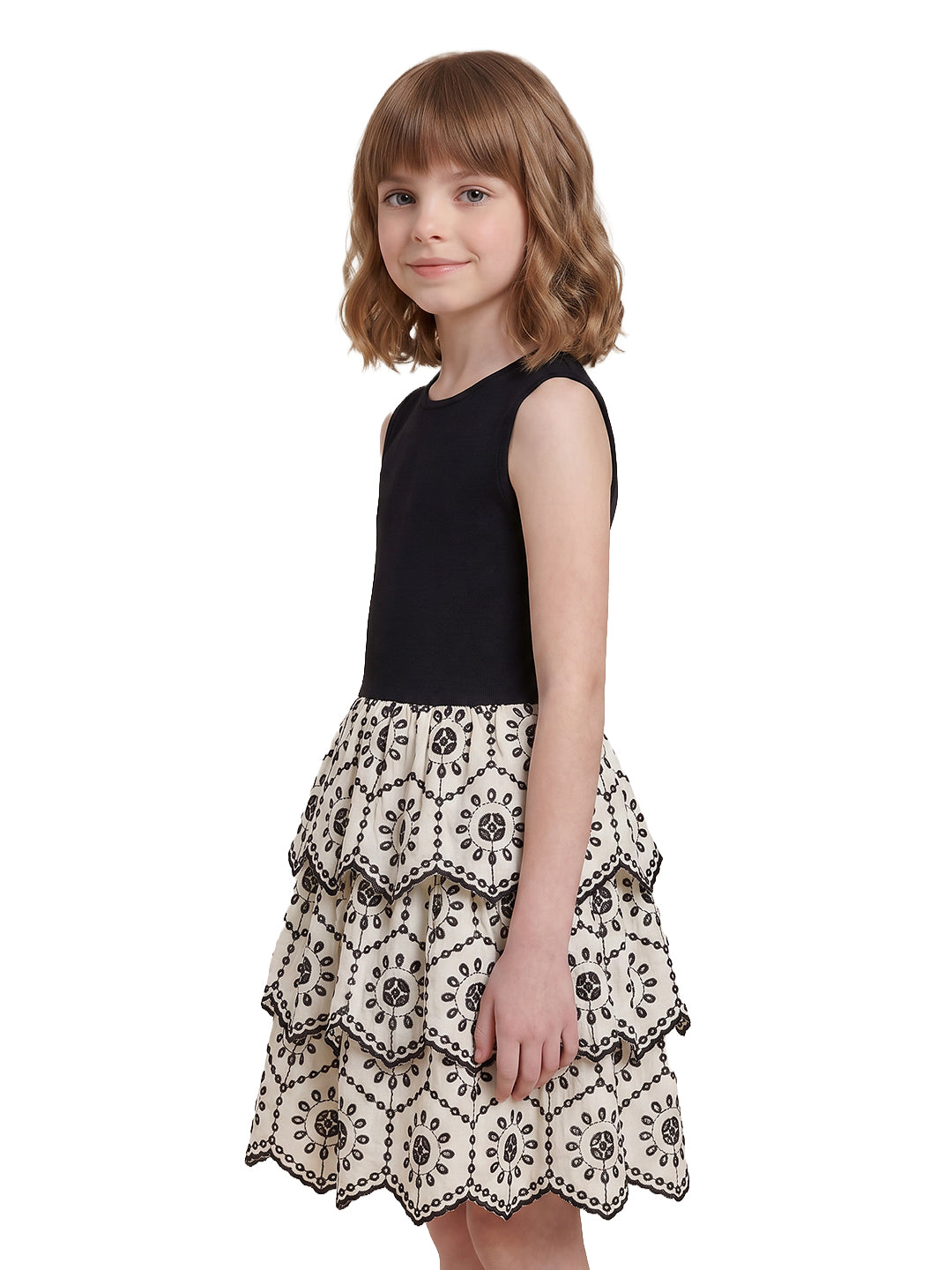 Girls Ecru Solid Fit & Flare 100% Cotton Dress