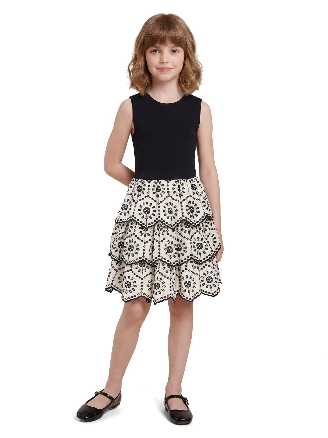 Girls Ecru Solid Fit & Flare 100% Cotton Dress
