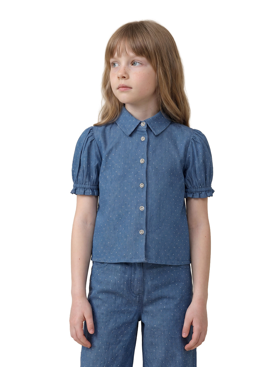 Girls Grandeur Blue Printed Regular Fit Shirt