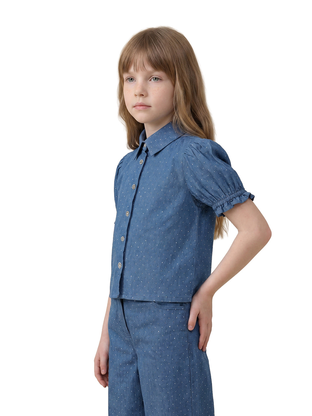 Girls Grandeur Blue Printed Regular Fit Shirt
