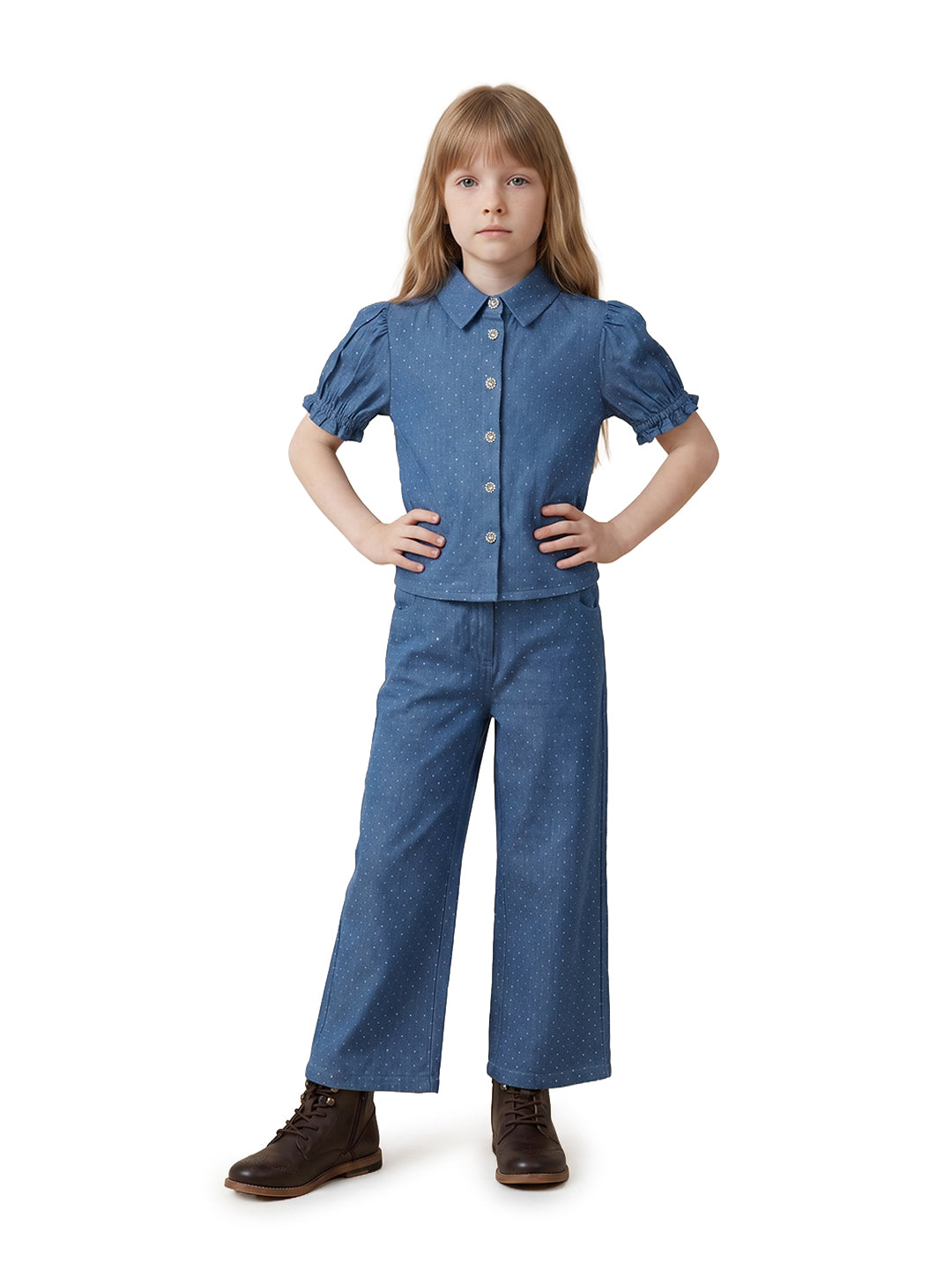 Girls Grandeur Blue Printed Regular Fit Shirt