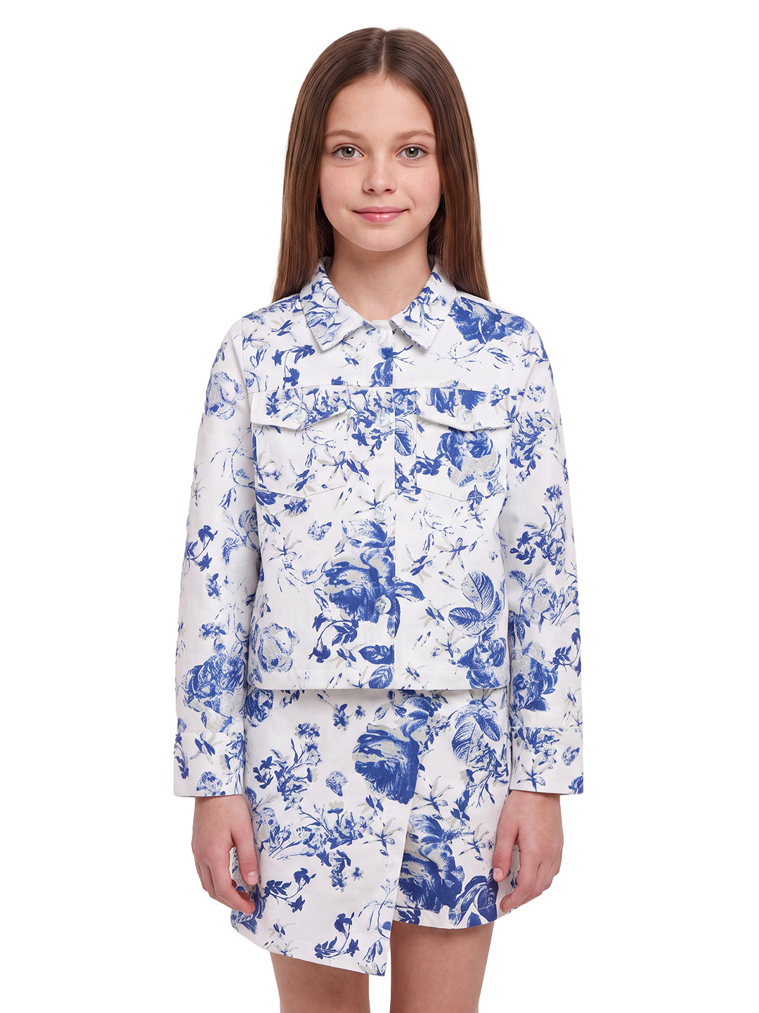 Girls White Floral Regular Fit 100% Cotton Shirt