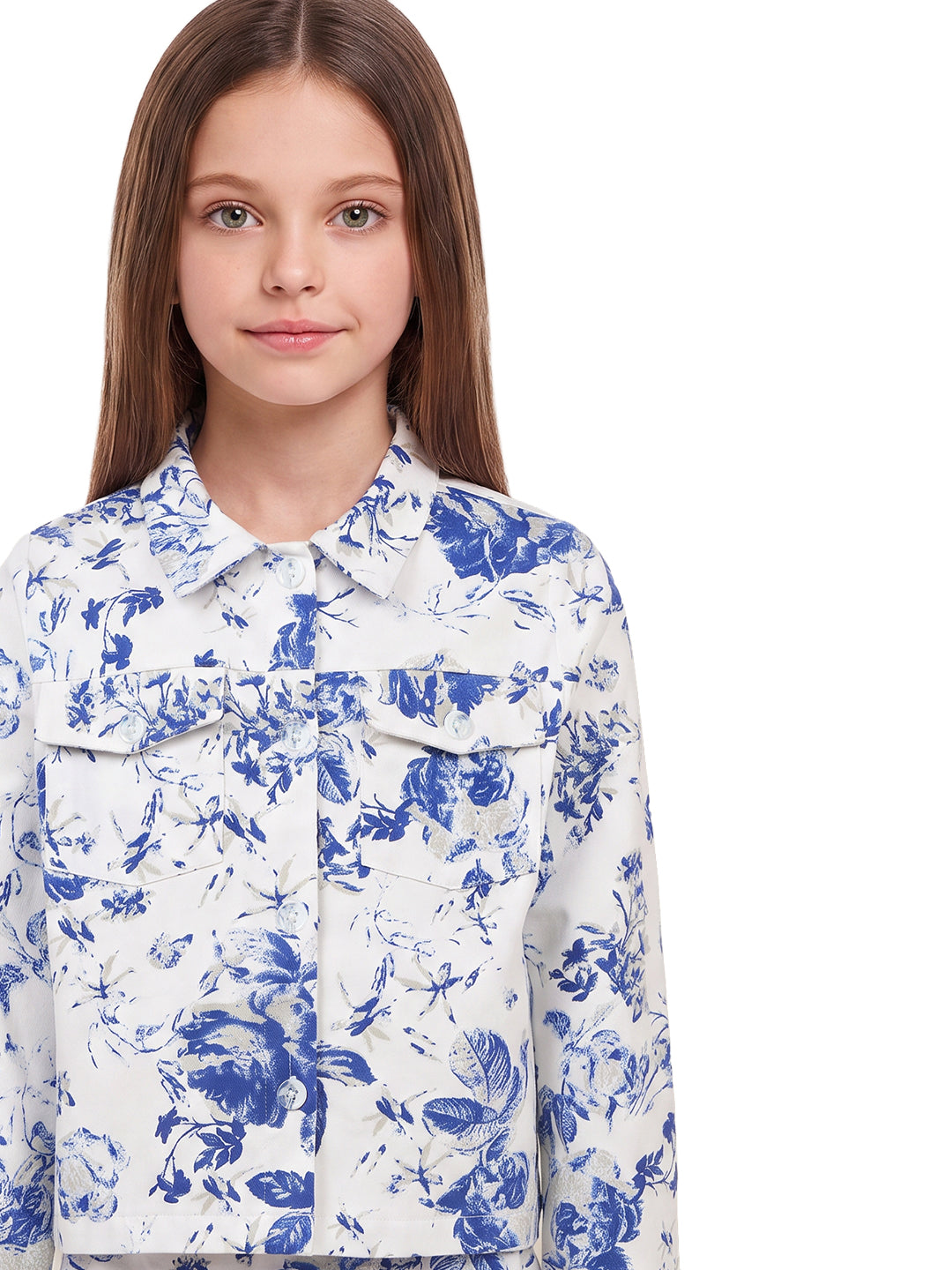 Girls White Floral Regular Fit 100% Cotton Shirt