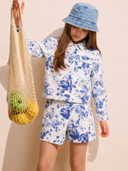 Girls White Floral Regular Fit 100% Cotton Shorts