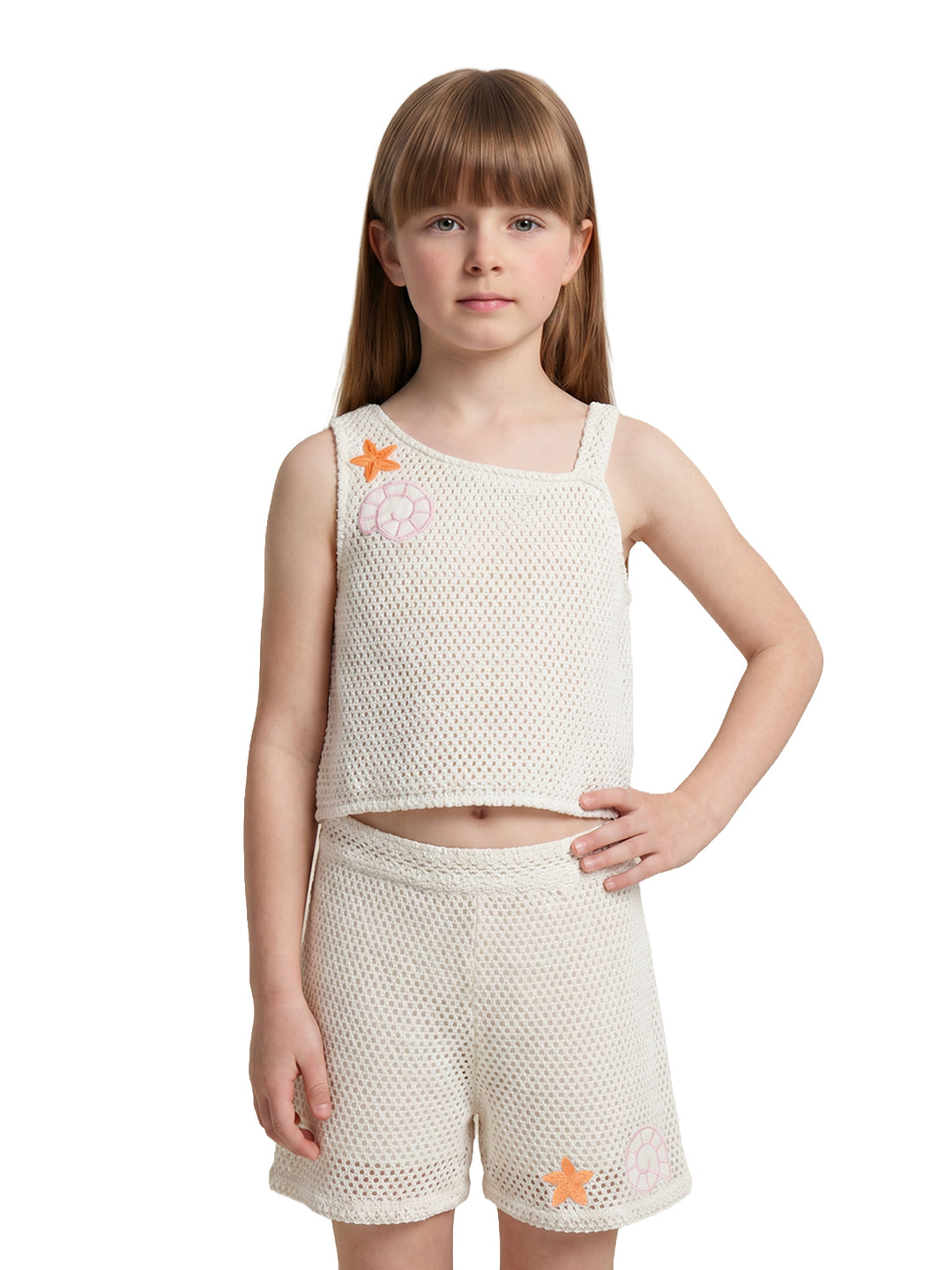 Girls Ecru Solid Regular Fit 100% Cotton Sleeveless Top