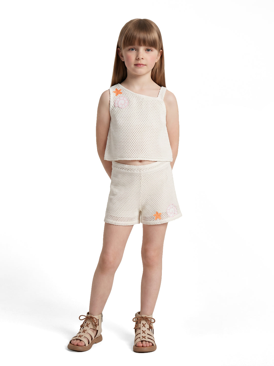 Girls Ecru Solid Regular Fit 100% Cotton Sleeveless Top