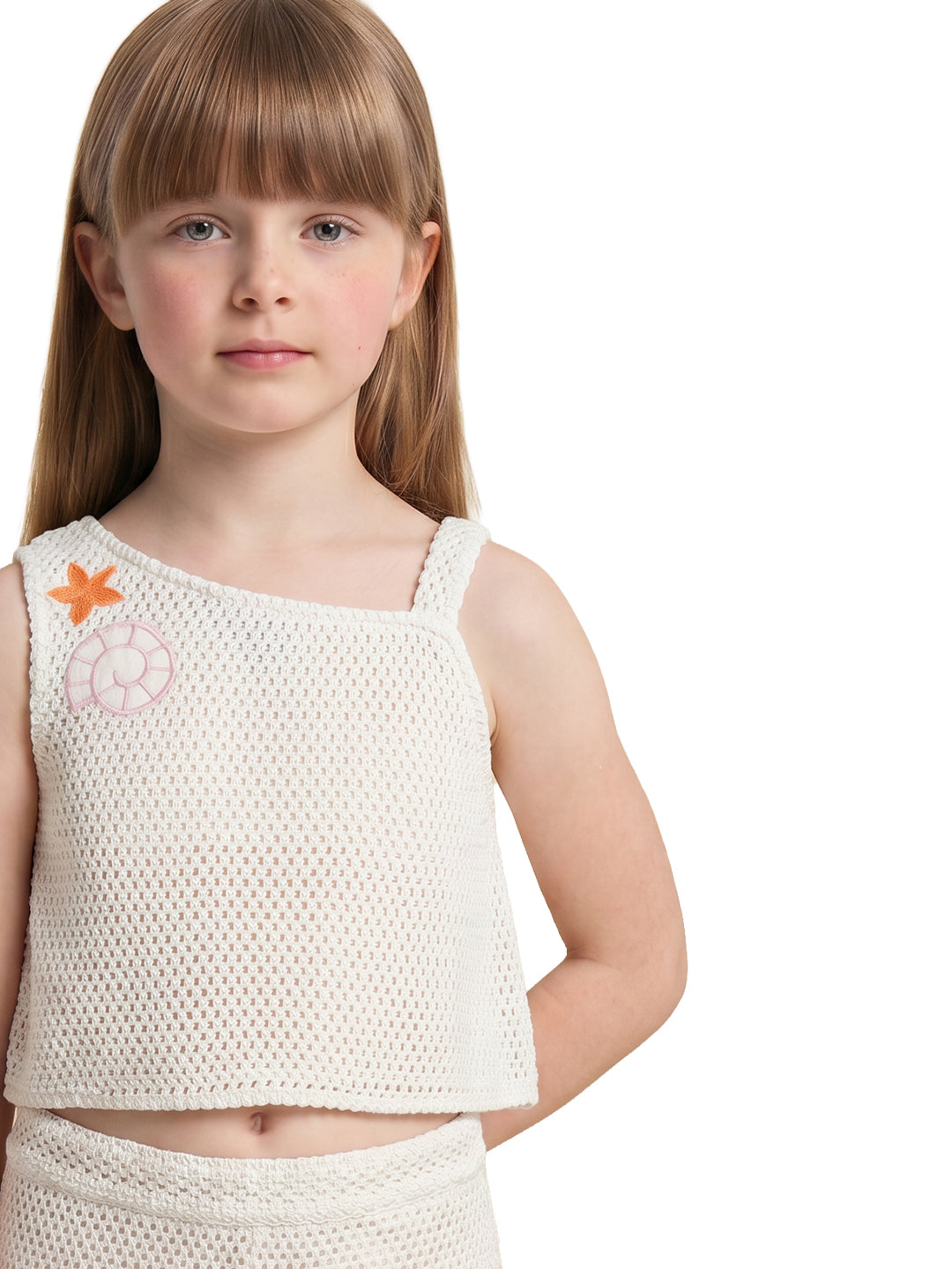 Girls Ecru Solid Regular Fit 100% Cotton Sleeveless Top