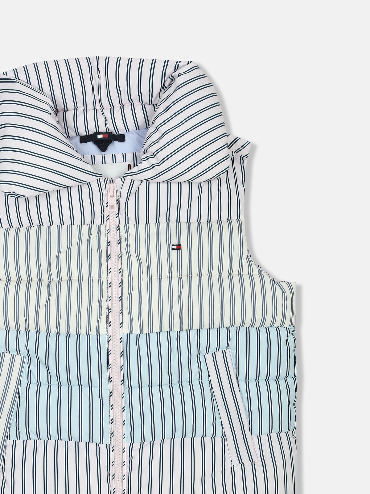 Girls High-Neck Puffer Jacket Light Pink Multistripes
