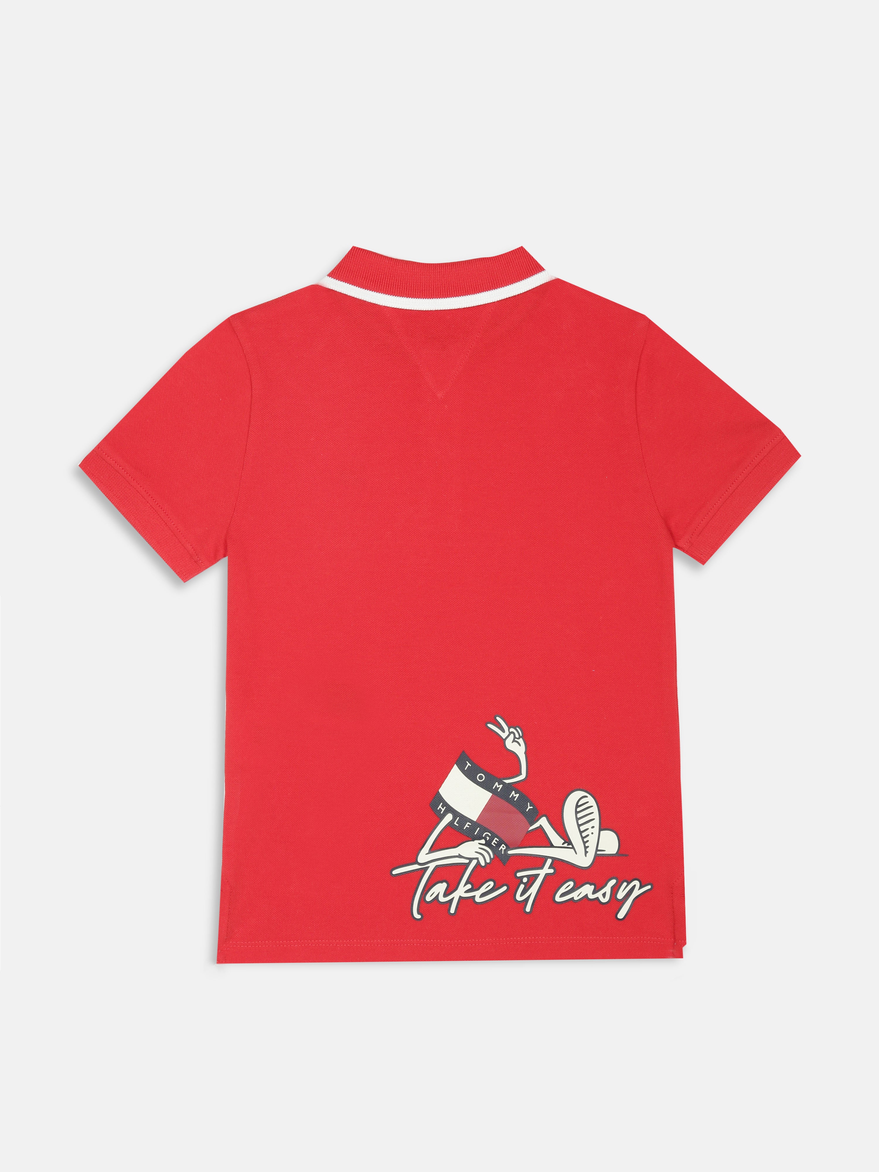 Boys Red Graphic Cotton Polo Knit Top Regular Fit