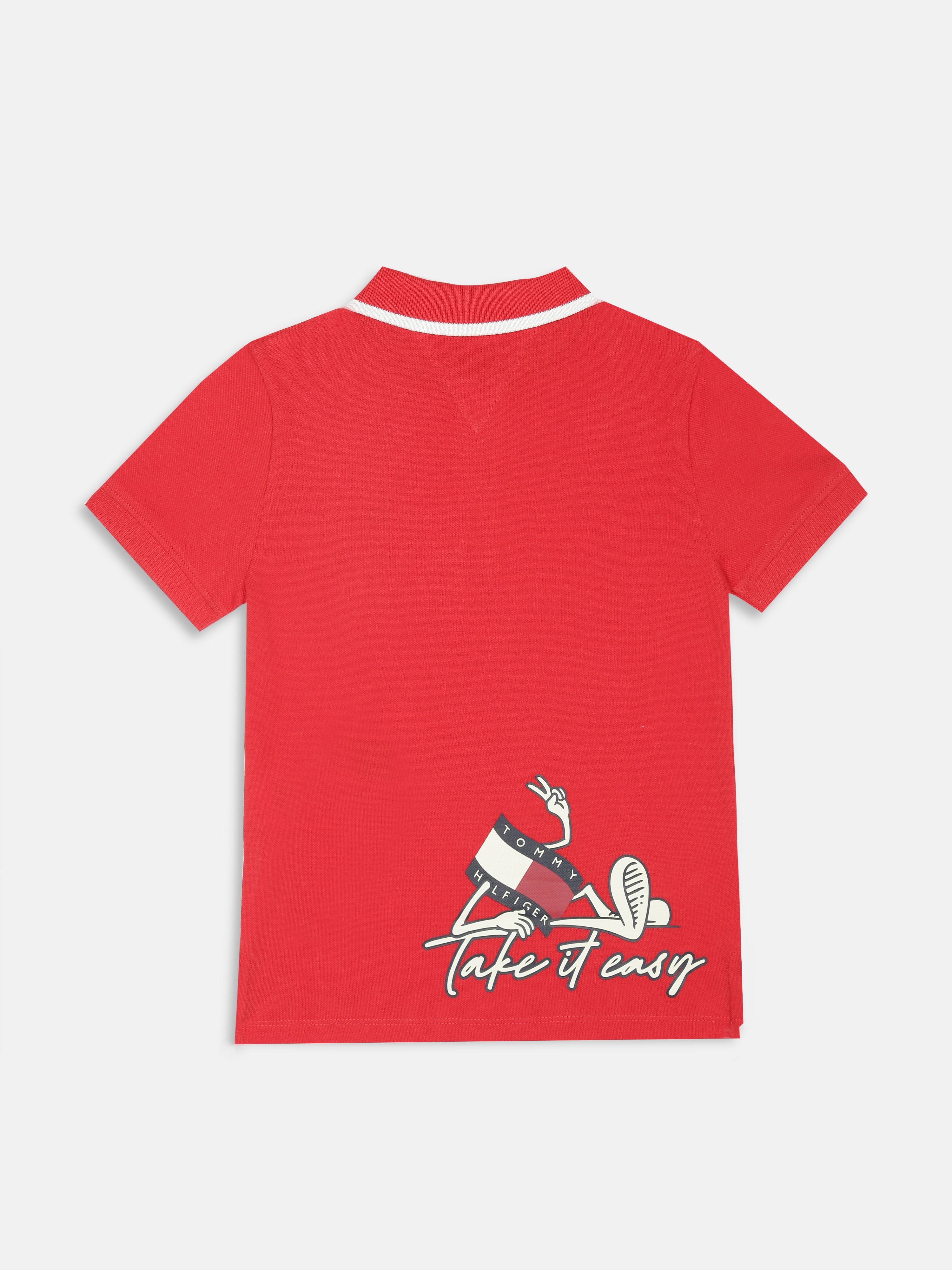 Boys Red Graphic Polo Collar Knit T-Shirt