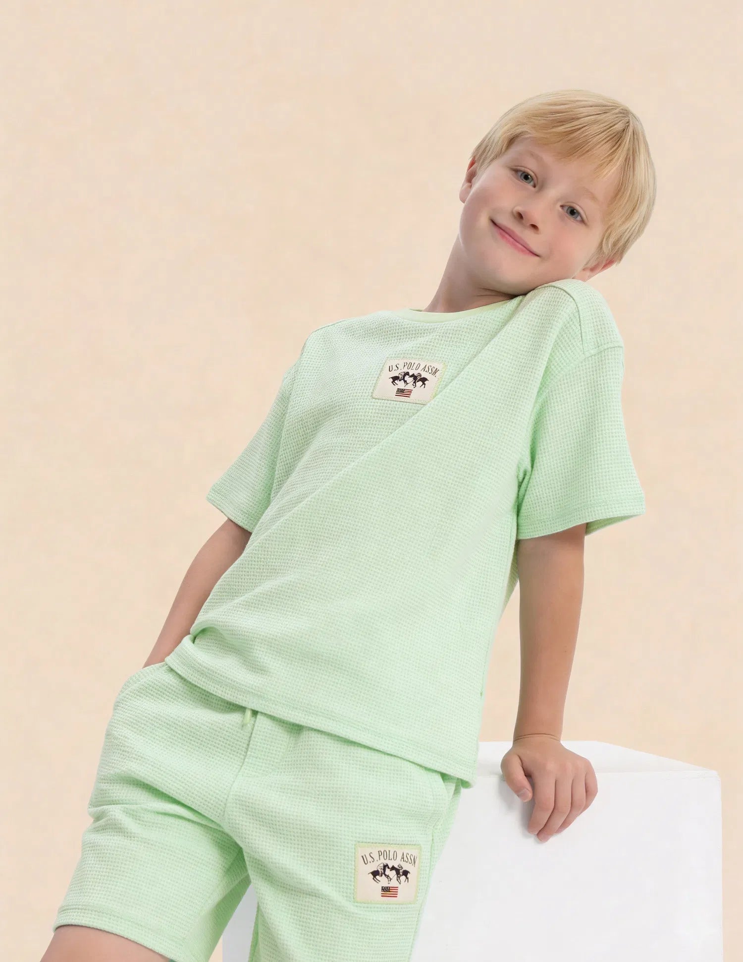 Boys Light Green Cotton Blend Textured Oversized T-Shirt