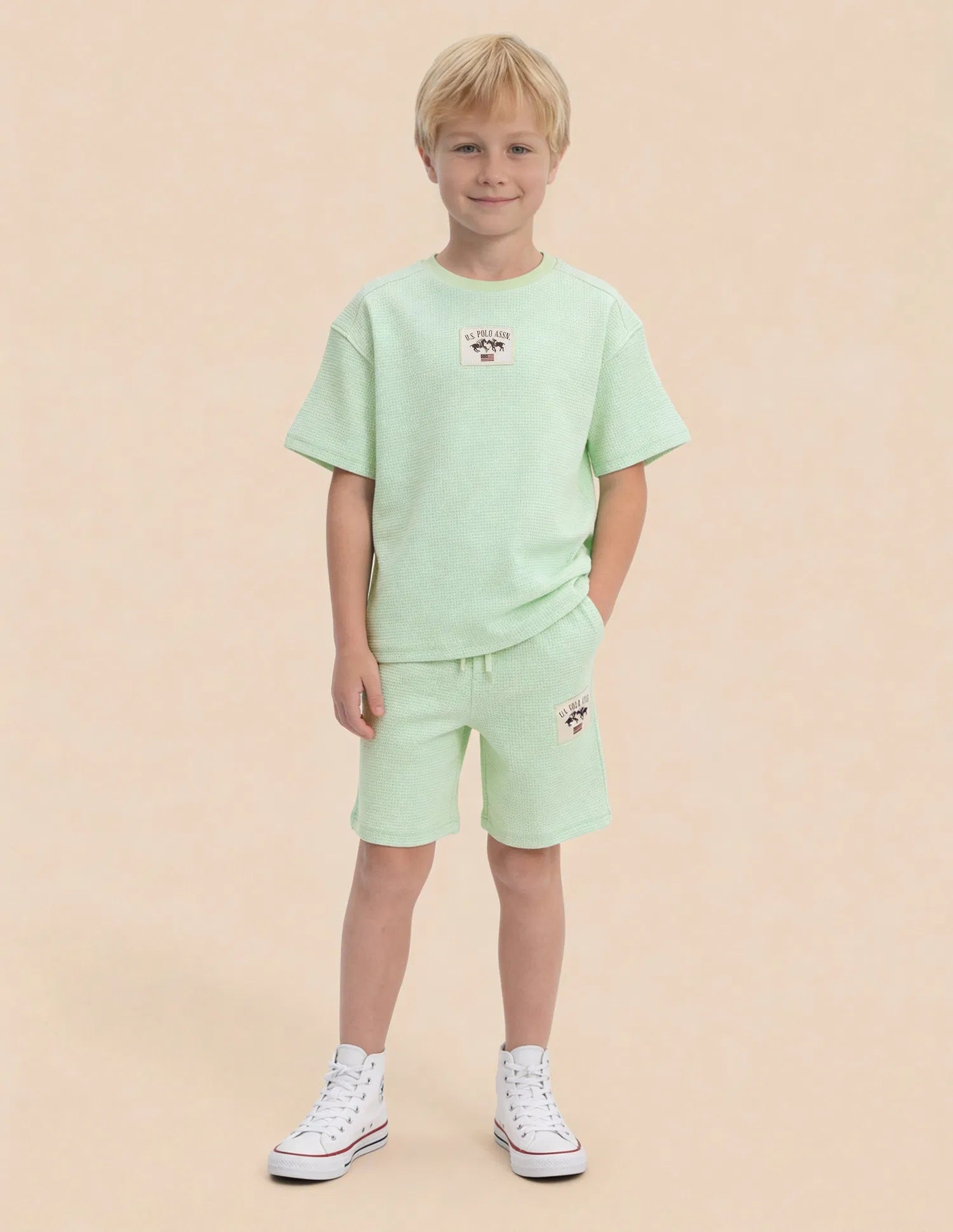 Boys Light Green Cotton Blend Textured Oversized T-Shirt
