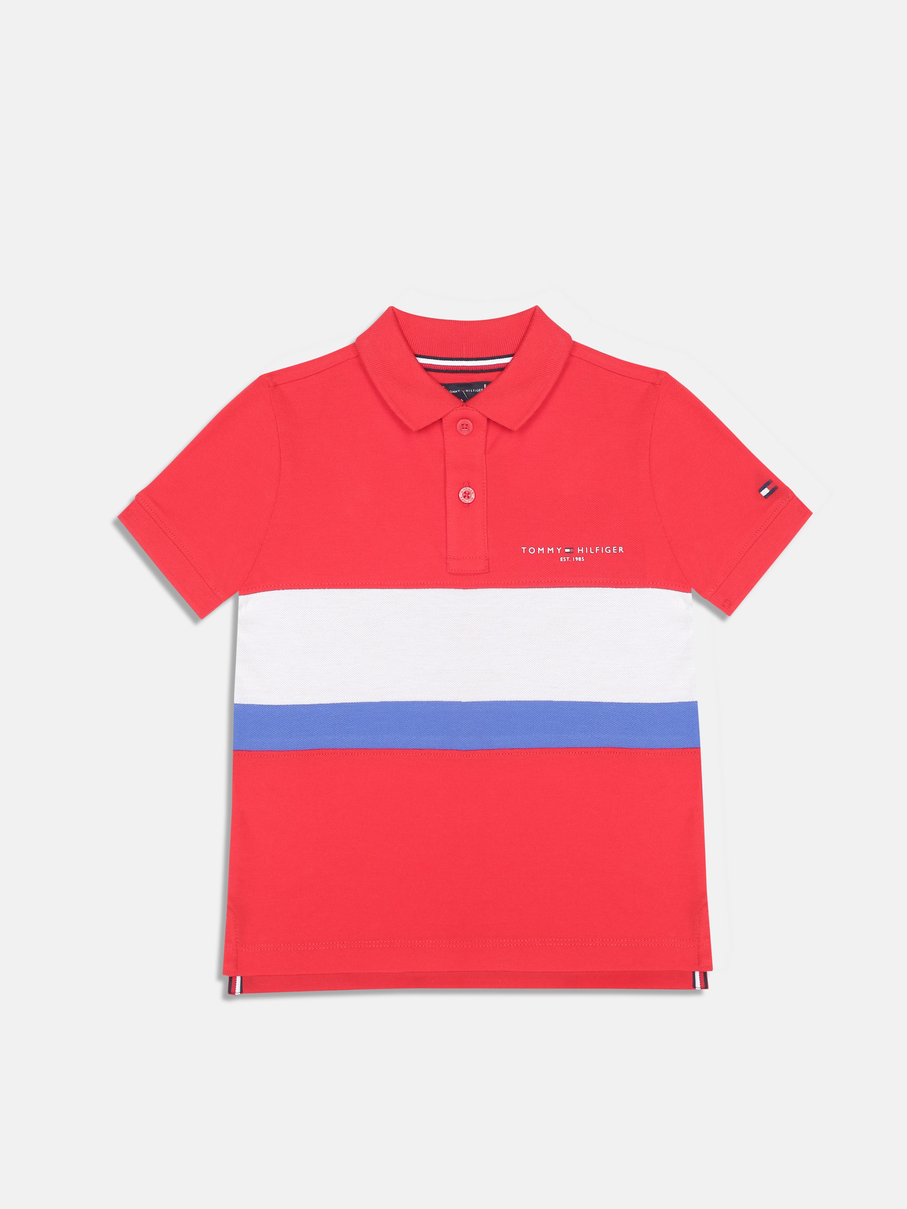Boys Red Colorblock Cotton Polo Knit Top Regular Fit