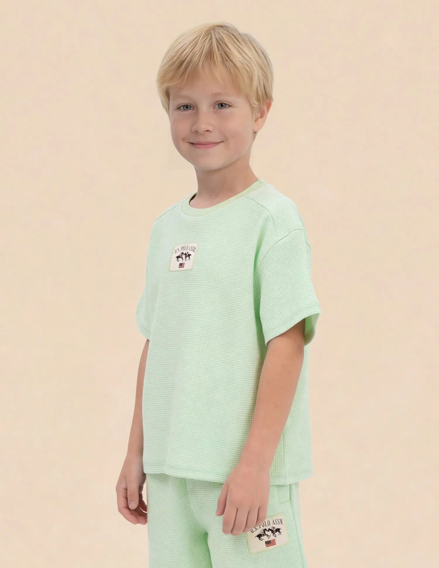 Boys Light Green Cotton Blend Textured Oversized T-Shirt