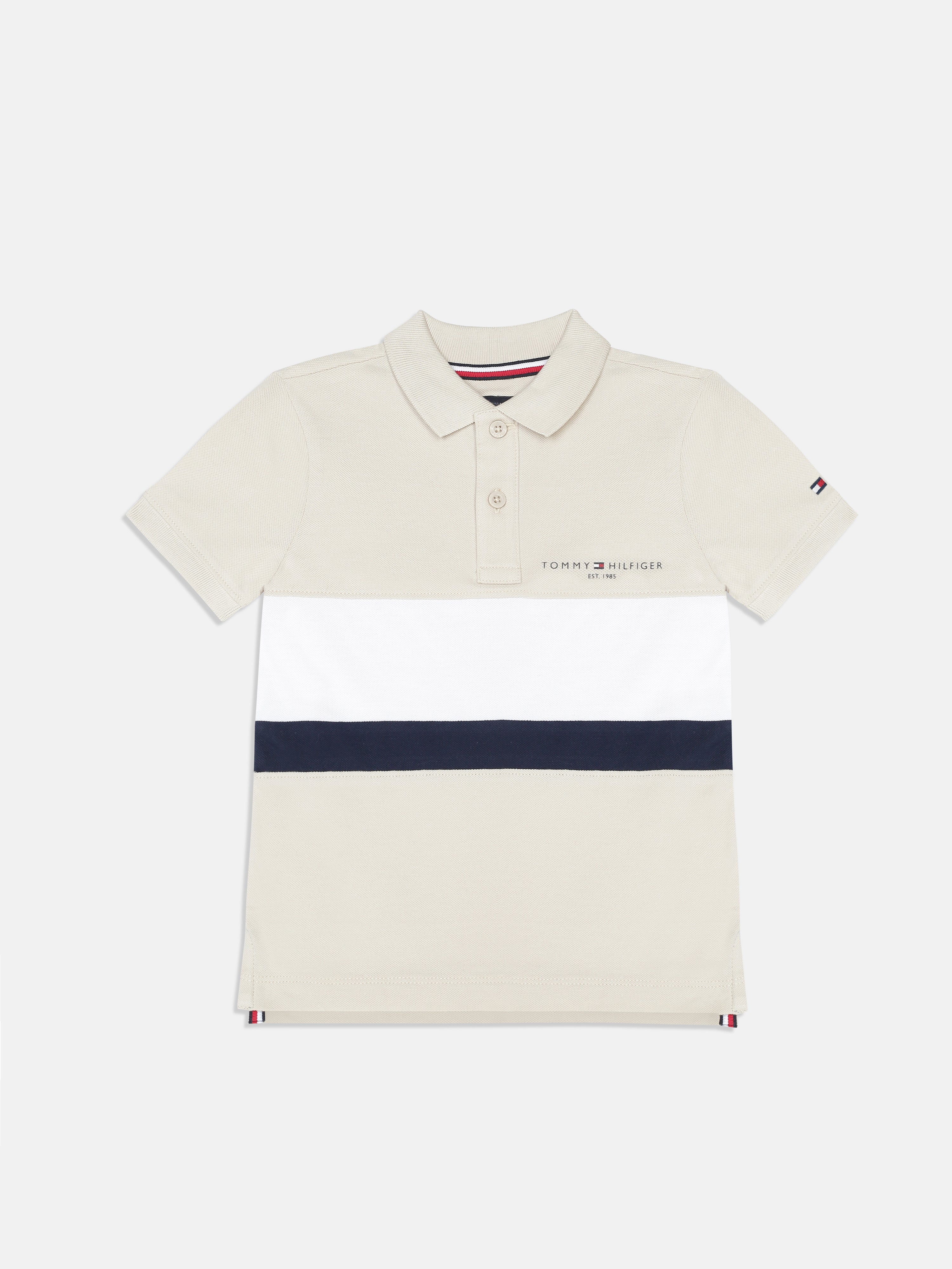 Boys Beige Colorblock Cotton Polo Knit Top Regular Fit