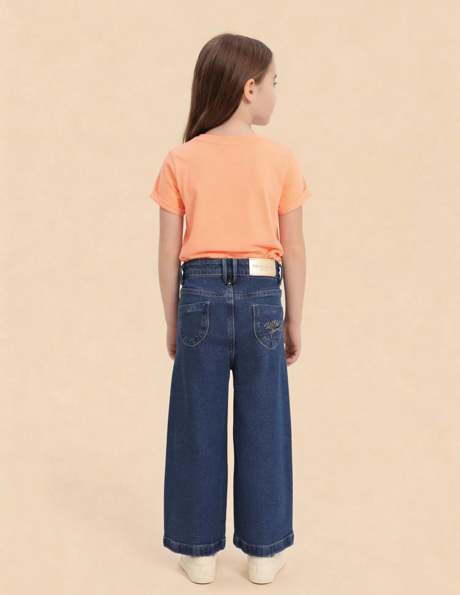 Girls Mid Blue Cotton Wide Leg Fit Jeans