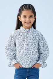 Girls Blue Floral Printed Ruffle Sleeve Top