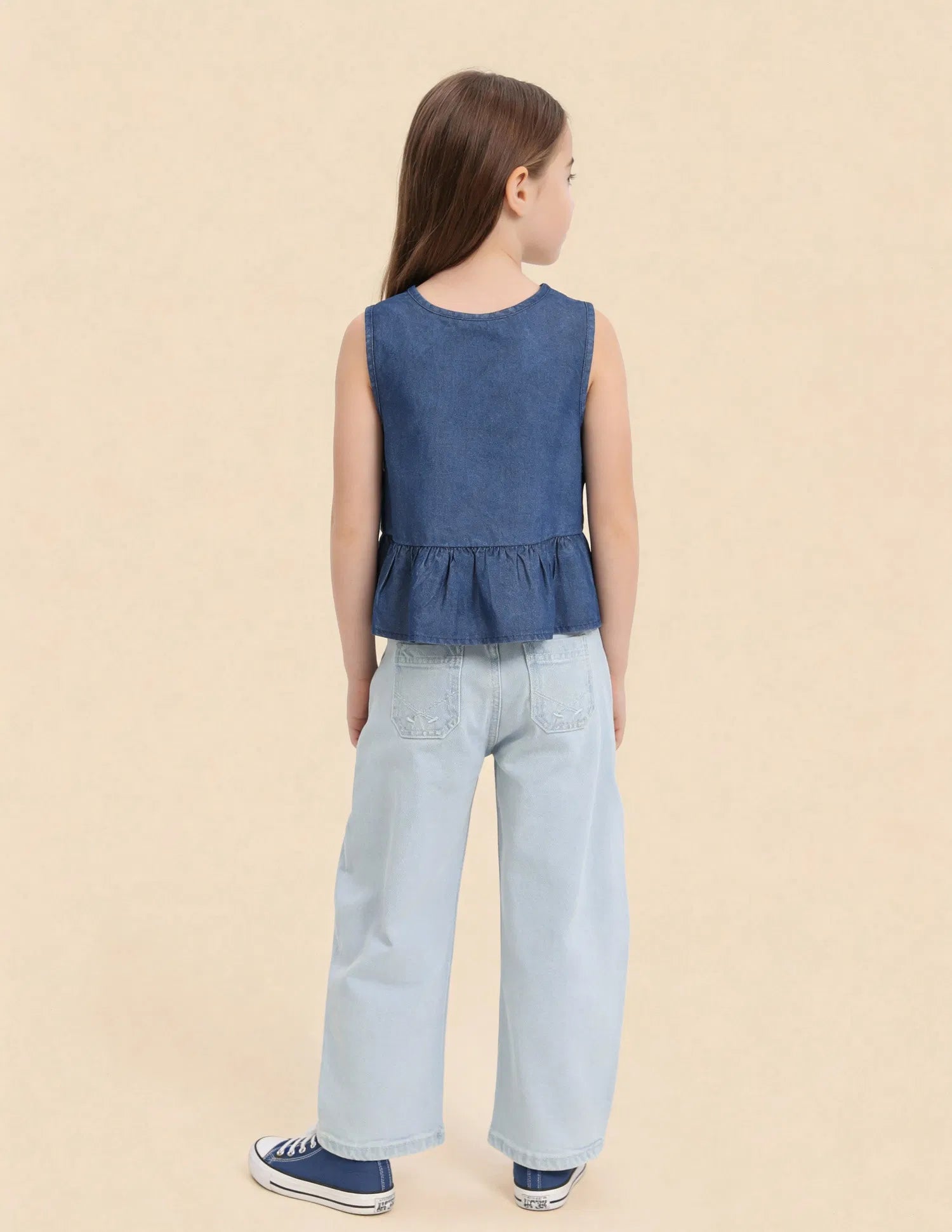 Girls Light Blue Cotton Mid Rise Barrel Fit Jeans