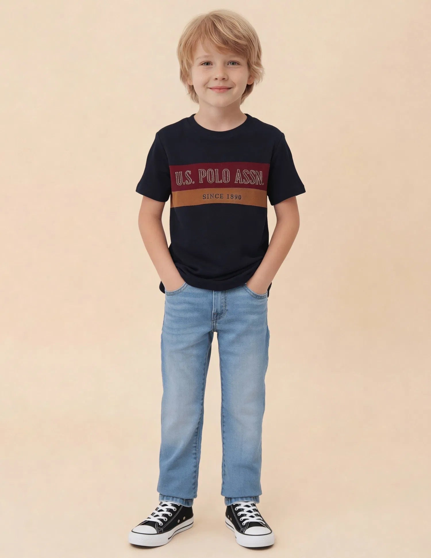 Boys Navy Cotton Colour Block Logo T-Shirt