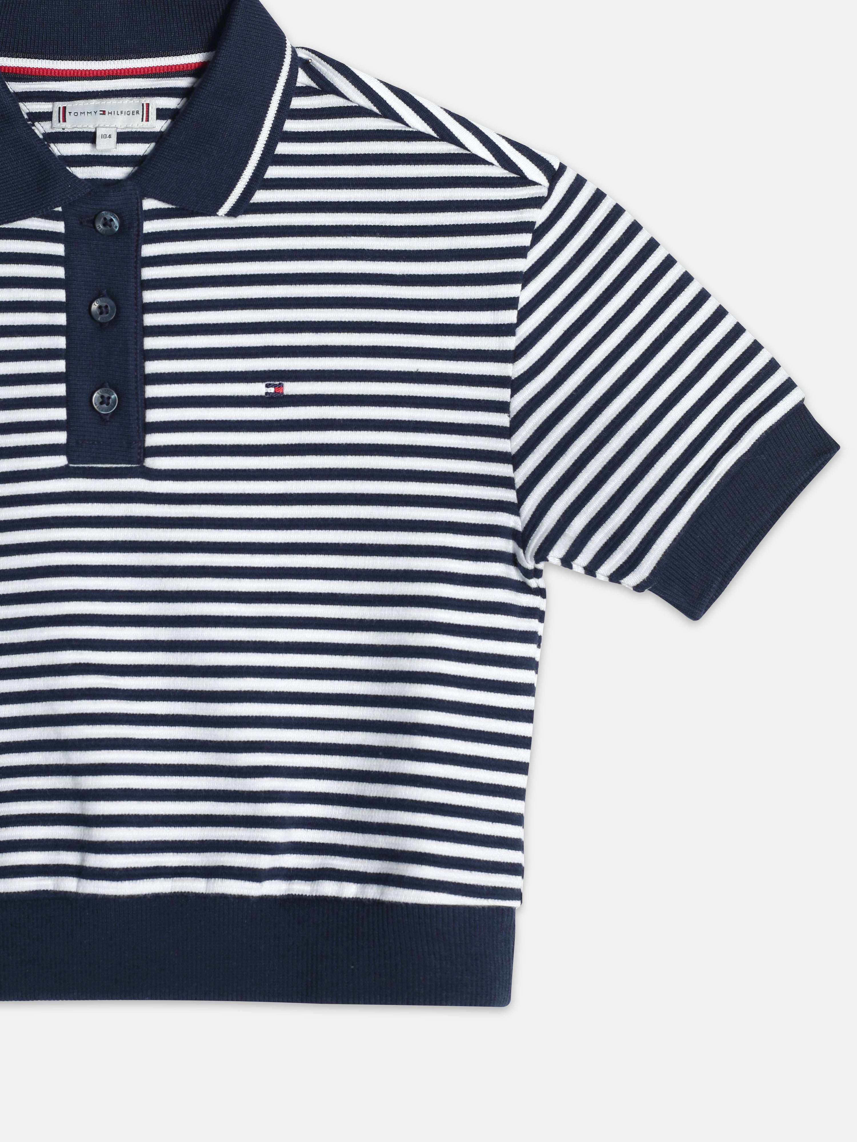 Girls Blue Striped Cotton Blend Polo Knit Top