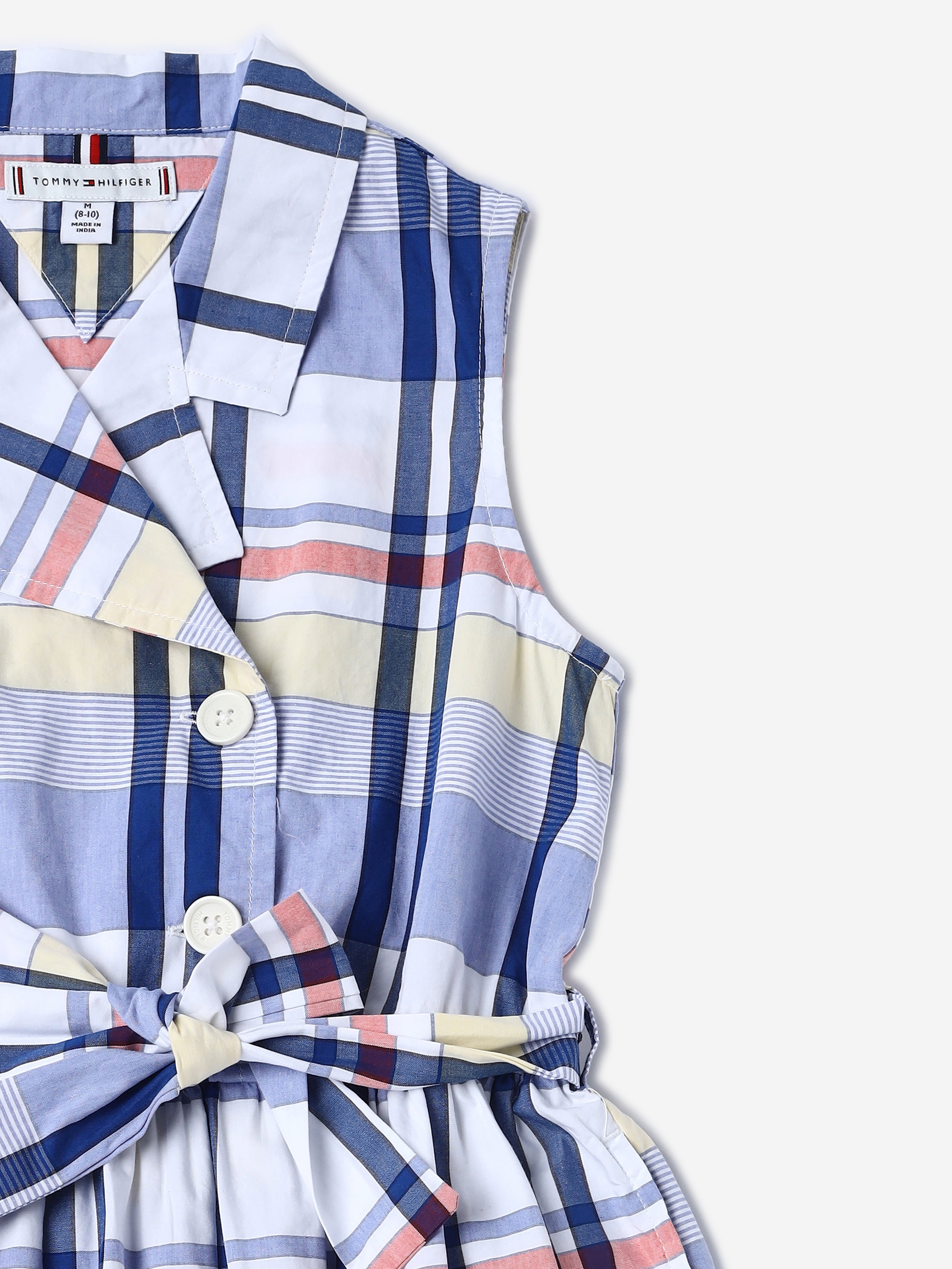 Girls White Checked BCI Cotton Sleeveless Casual Dress