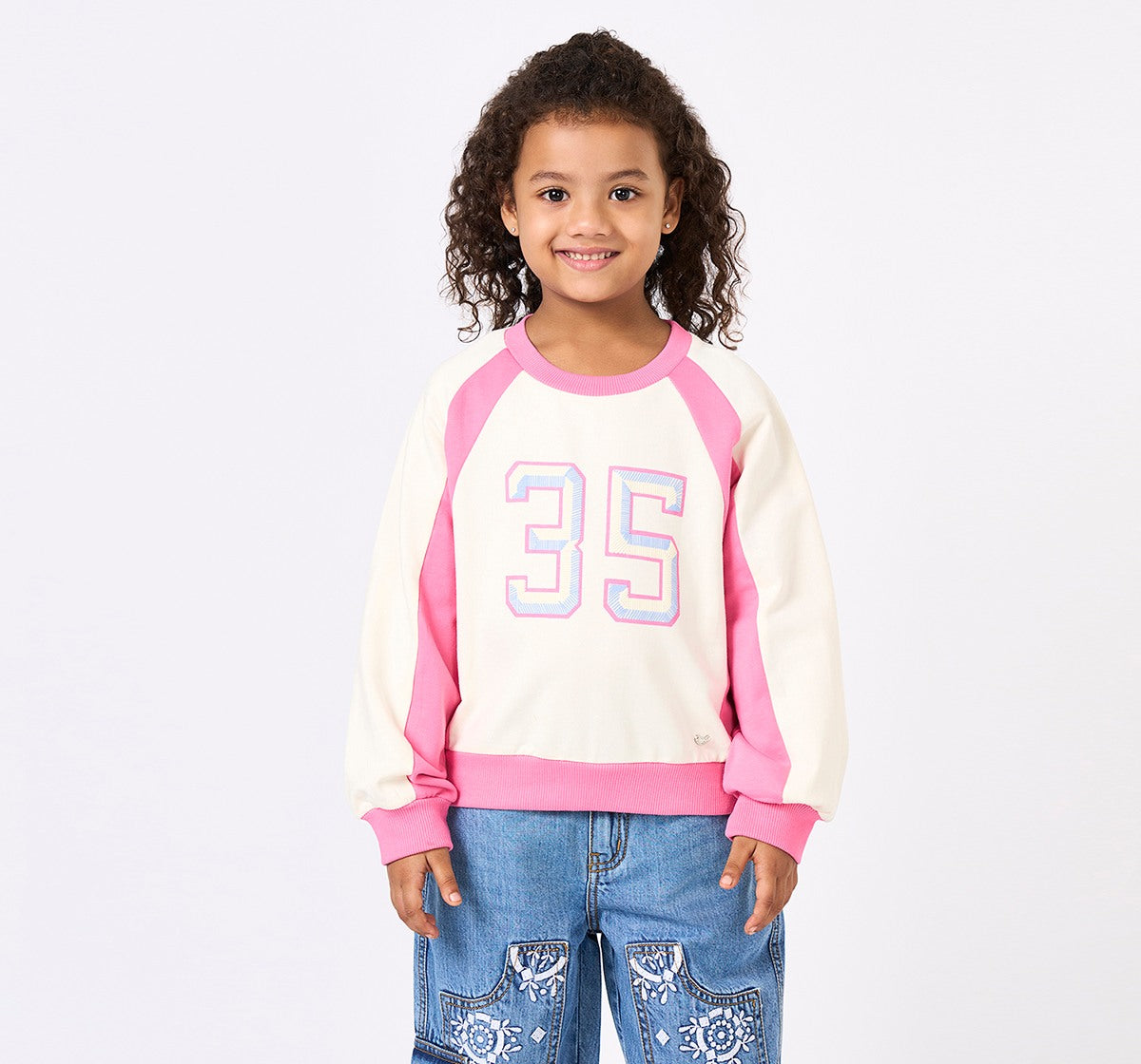 Girls Pink Colour Block Graphic Raglan Sweatshirt
