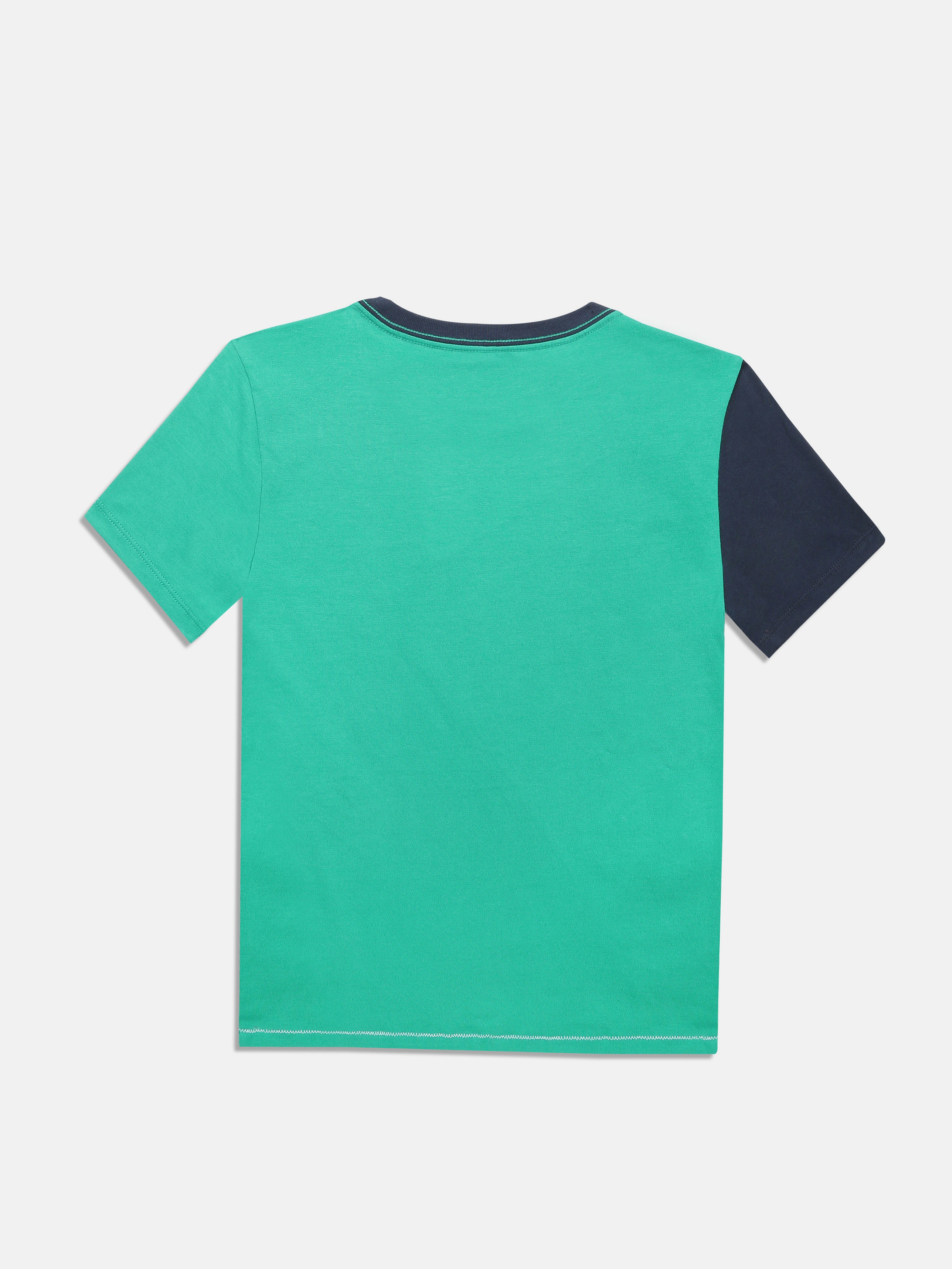 Boys Green Colorblock Regular Fit Cotton T-Shirt