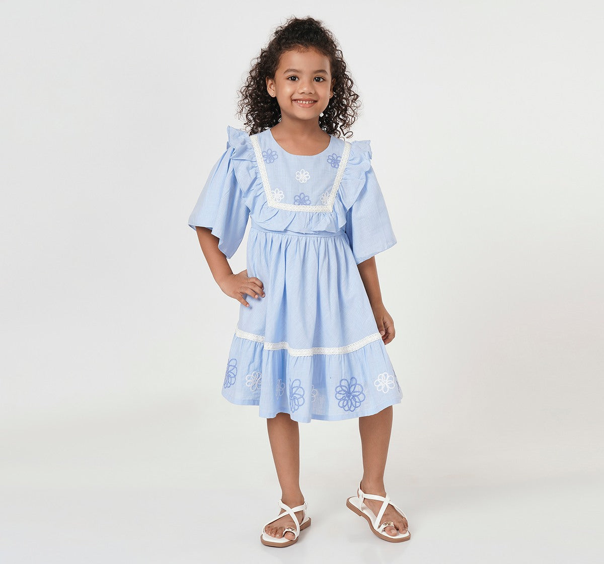Slub Dress with Embroidery Blue
