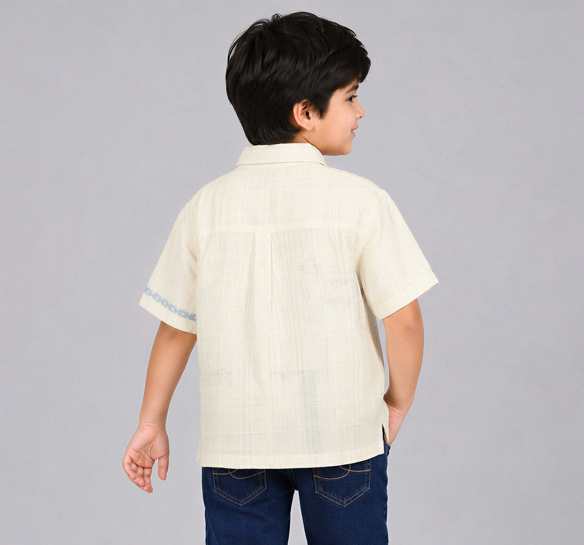 Half Sleeves Placement Embroidery Shirt Beige
