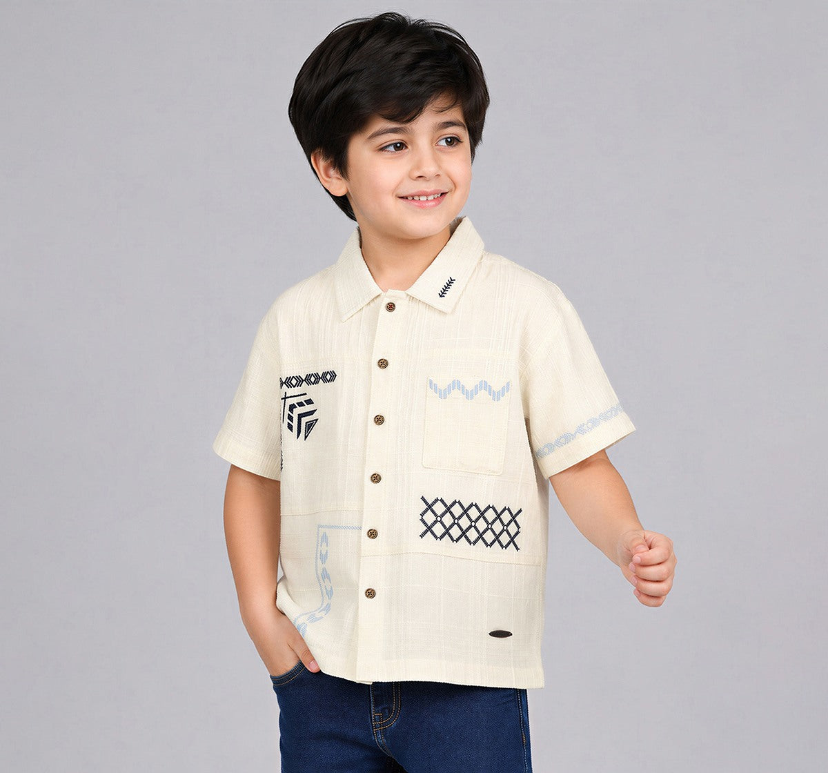 Half Sleeves Placement Embroidery Shirt Beige