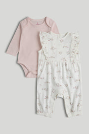 Baby Multi Cotton AOP Dungaree with Bodysuit Set