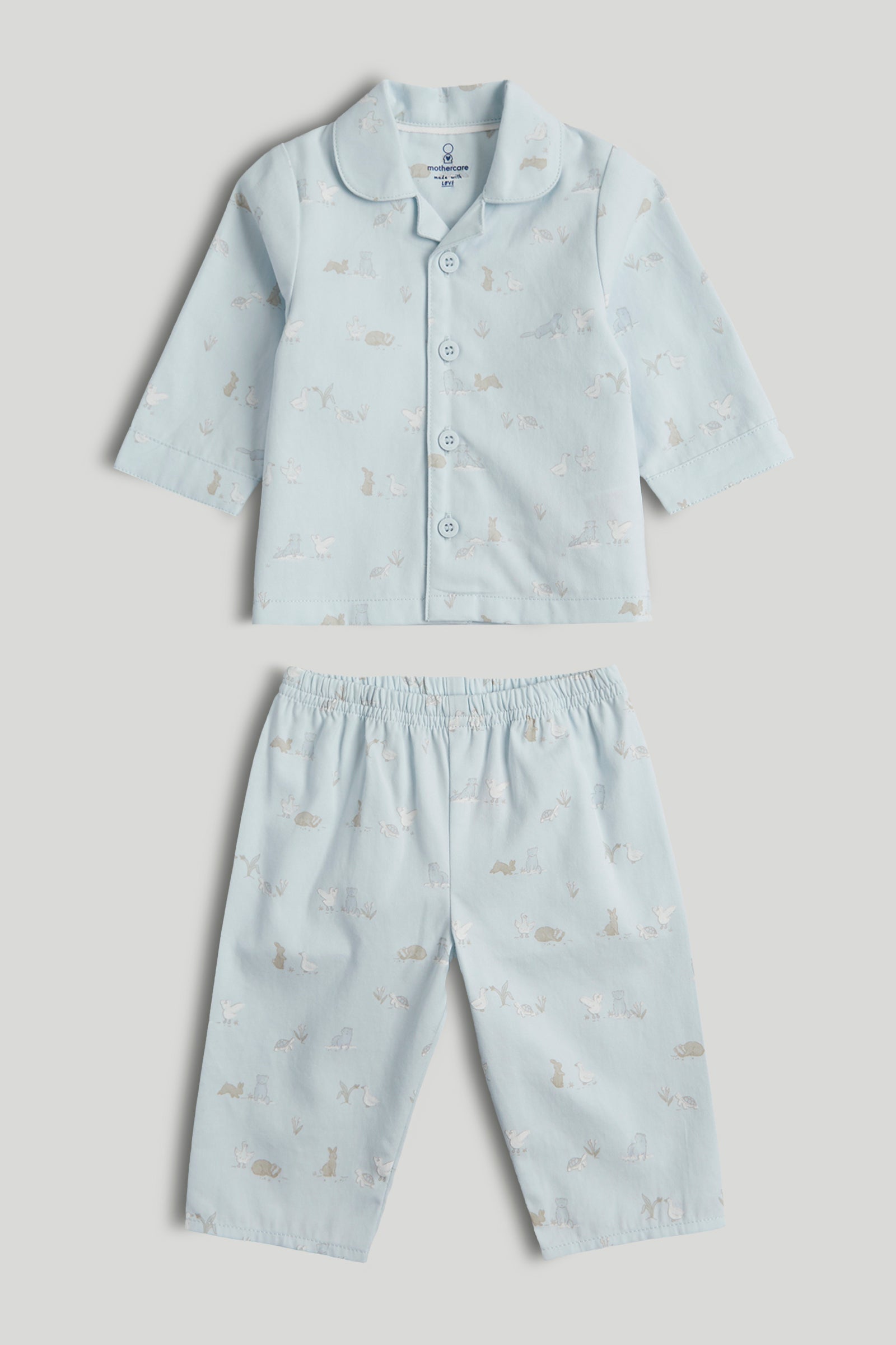 Boys Light Blue Printed Cotton Woven Regular Fit Long Sleeve Pyjama Set