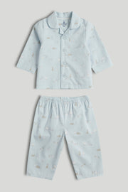 Boys Light Blue Printed Cotton Woven Regular Fit Long Sleeve Pyjama Set