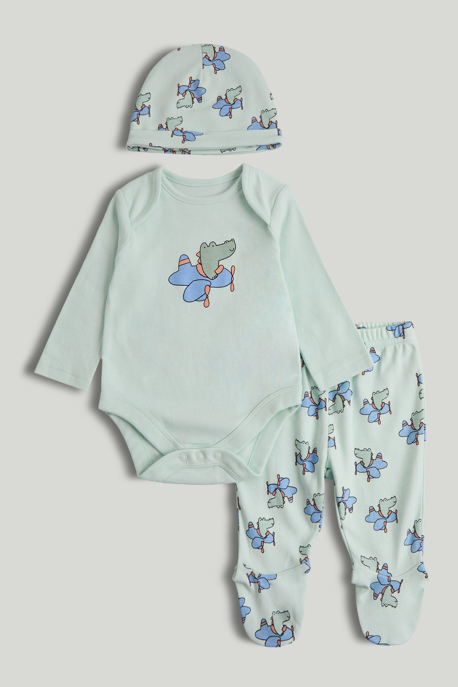 Boys Light Green Cartoon Print Cotton Regular Fit 3-Piece Set
