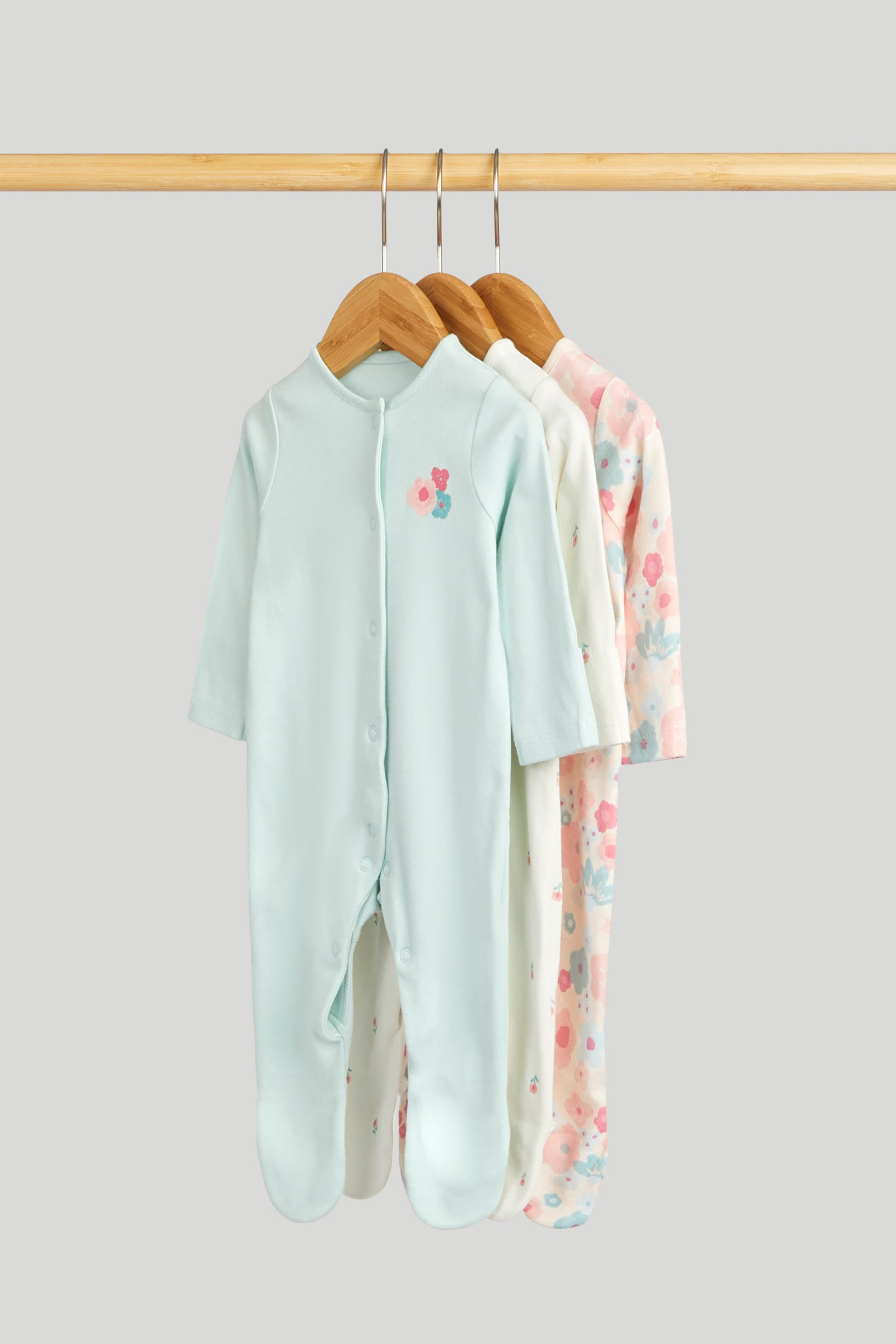 Girls Multi Inky Floral Print Cotton Regular Fit 3-Pack Sleepsuits