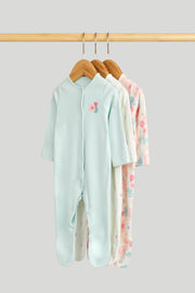 Girls Multi Inky Floral Print Cotton Regular Fit 3-Pack Sleepsuits