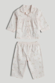 Girls Light Pink Printed Cotton Woven Regular Fit Long Sleeve Pyjama Set
