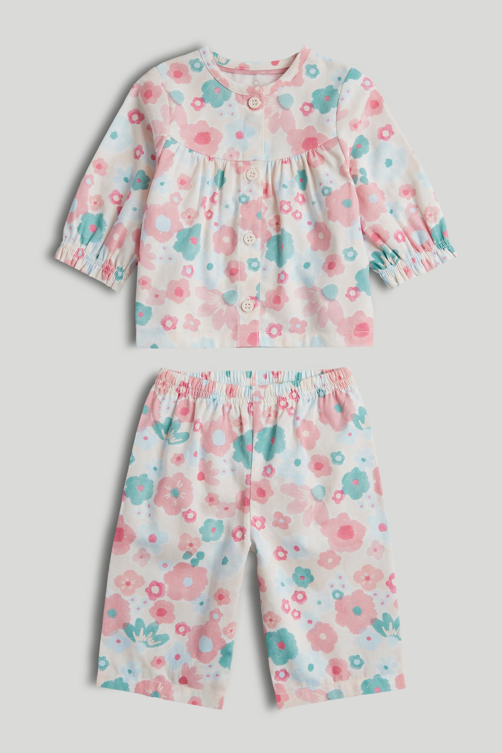 Girls Light Pink Inky Floral Cotton Woven Regular Fit Long Sleeve Pyjama Set