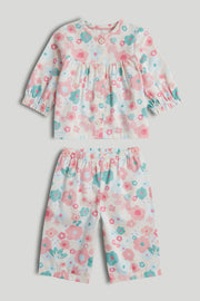 Girls Light Pink Inky Floral Cotton Woven Regular Fit Long Sleeve Pyjama Set