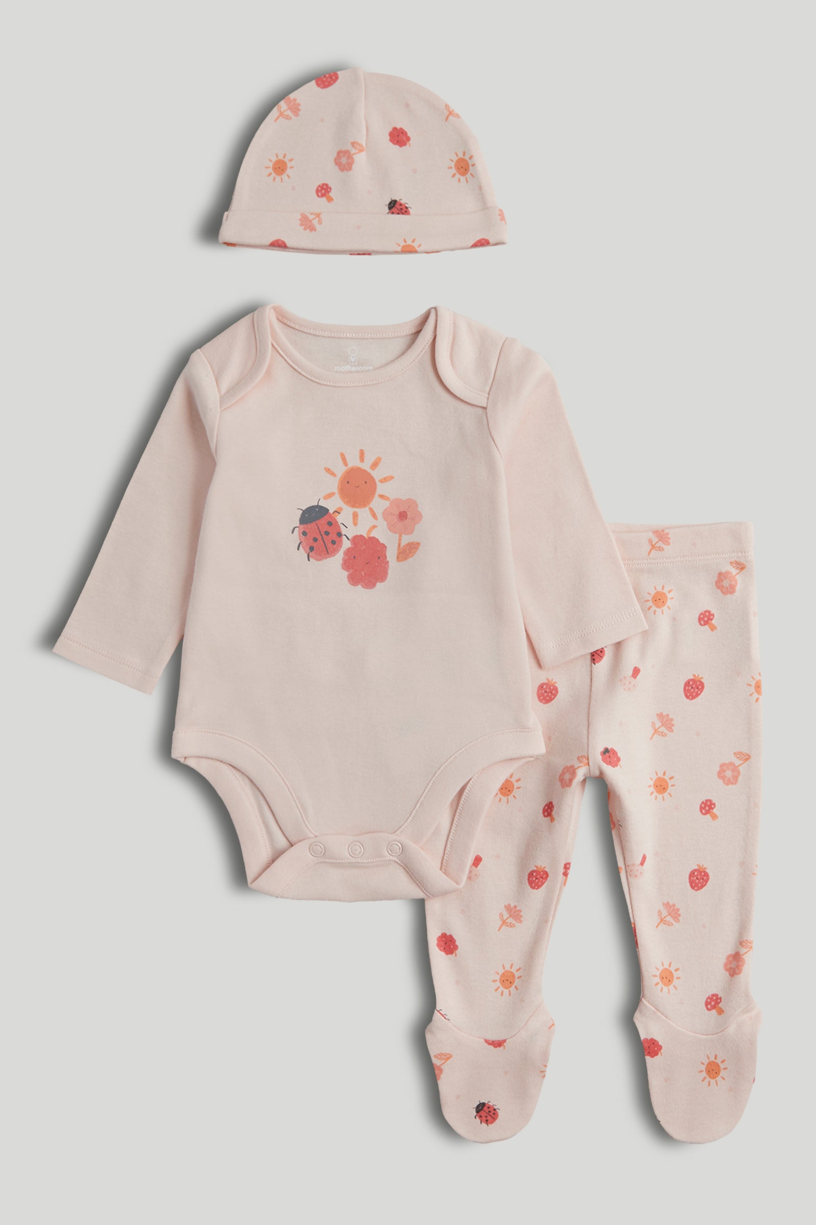 Girls Light Pink Strawberry Print Cotton Regular Fit 3-Piece Set