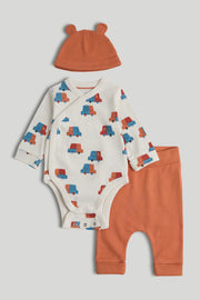 Baby Boys Multi Cotton Bodysuit Set with Hat & Pants