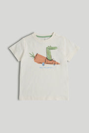 Boys Cream Printed Cotton Regular Fit Casual T-Shirt