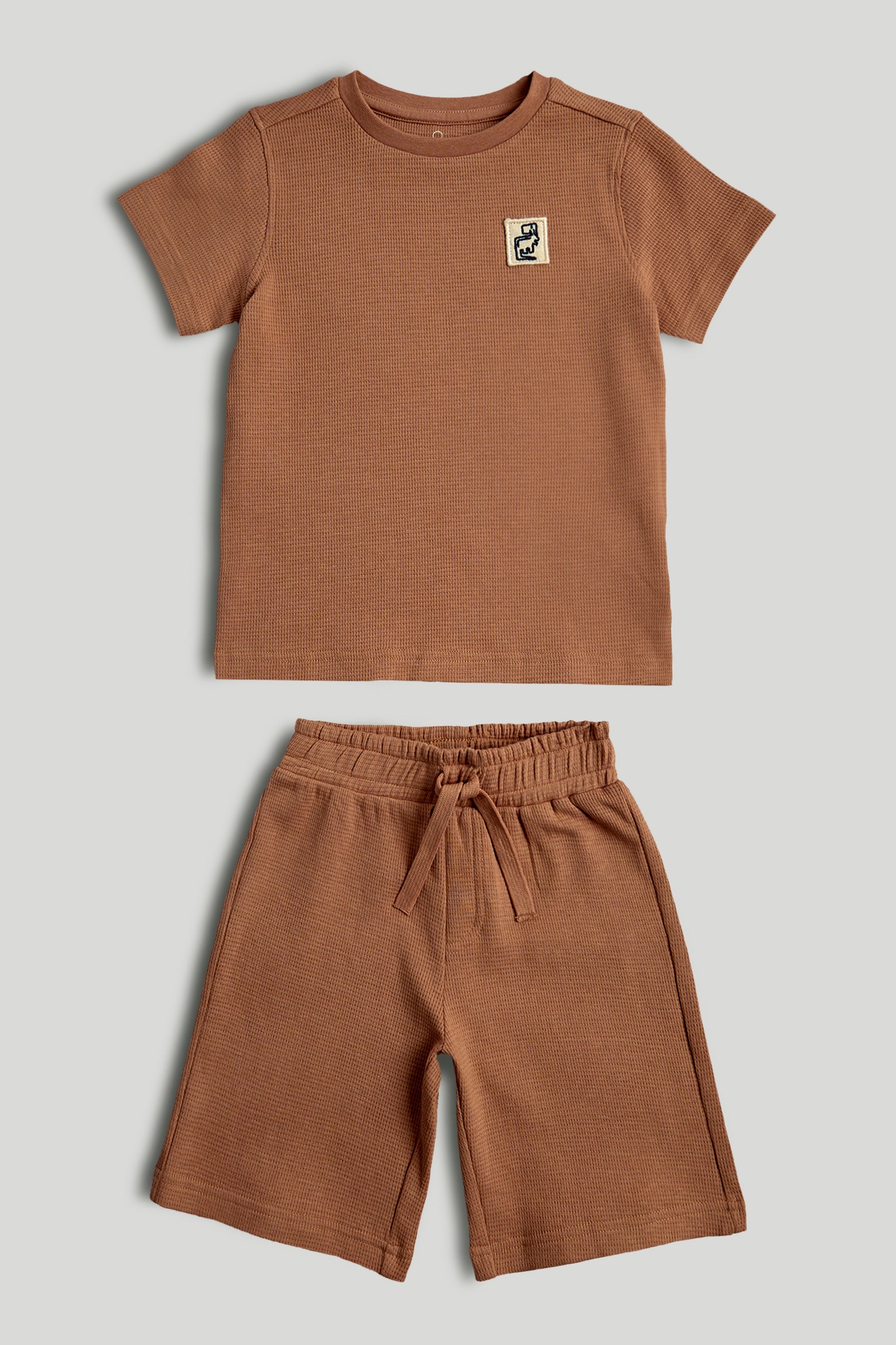 Boys Brown Waffle Cotton T-Shirt & Shorts Printed Set