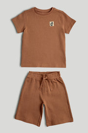 Boys Brown Waffle Cotton T-Shirt & Shorts Printed Set