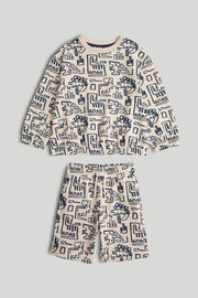 Boys Cream Printed Sweatshirt & Shorts Cotton Blend Set