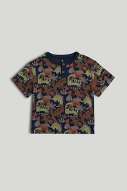Boys Navy Printed Henley Cotton Regular Fit Casual T-Shirt
